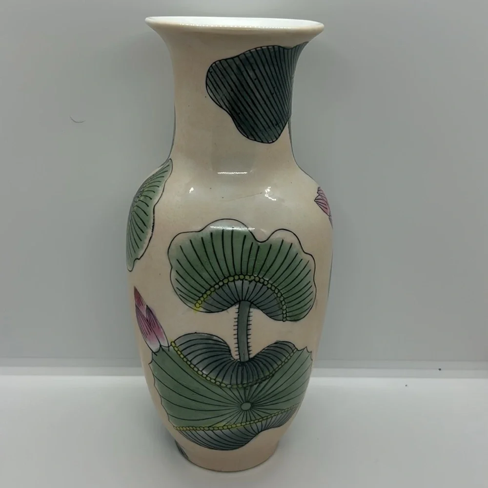 Floral Ceramic Vase with Lotus Design Vintage Handpainted Chinese Porcelain